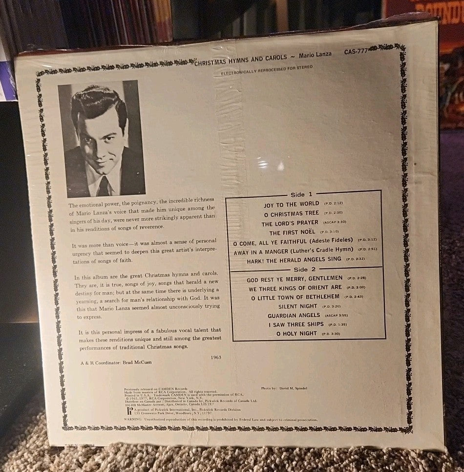 Mario Lanza Christmas Hymns And Carols LP RCA Camden Living Stereo Holiday 1977