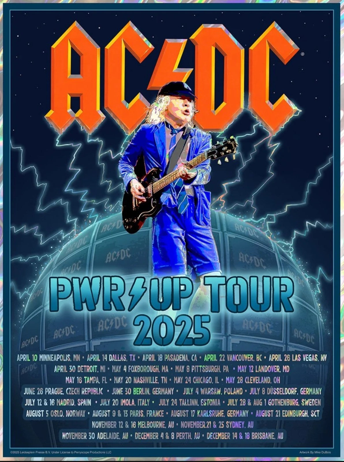 AC/DC 2025 POWER-UP WORLD TOUR DATES Poster LIMITED EDITION Foil SIGNED AE Globe