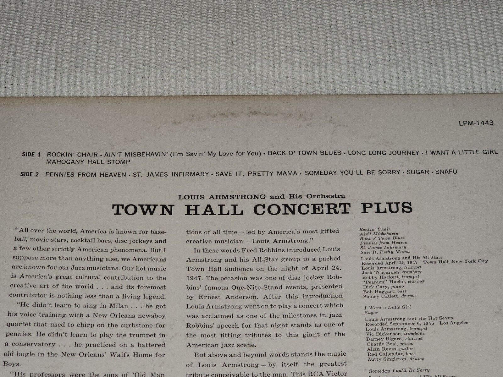 Louis Armstrong And His Orchestra ‎– Town Hall Concert Plus RCA, LPM 1443, VG+