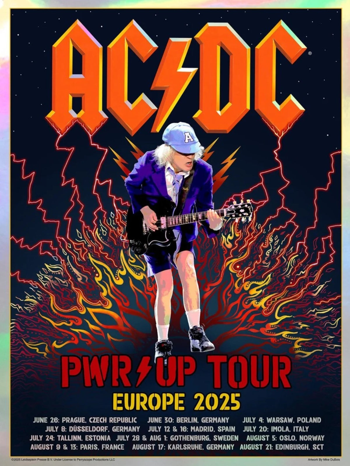 AC/DC Power Up Tour Europe Foil Poster 2025 - Signed AE by Mike Dubois Angus NEW