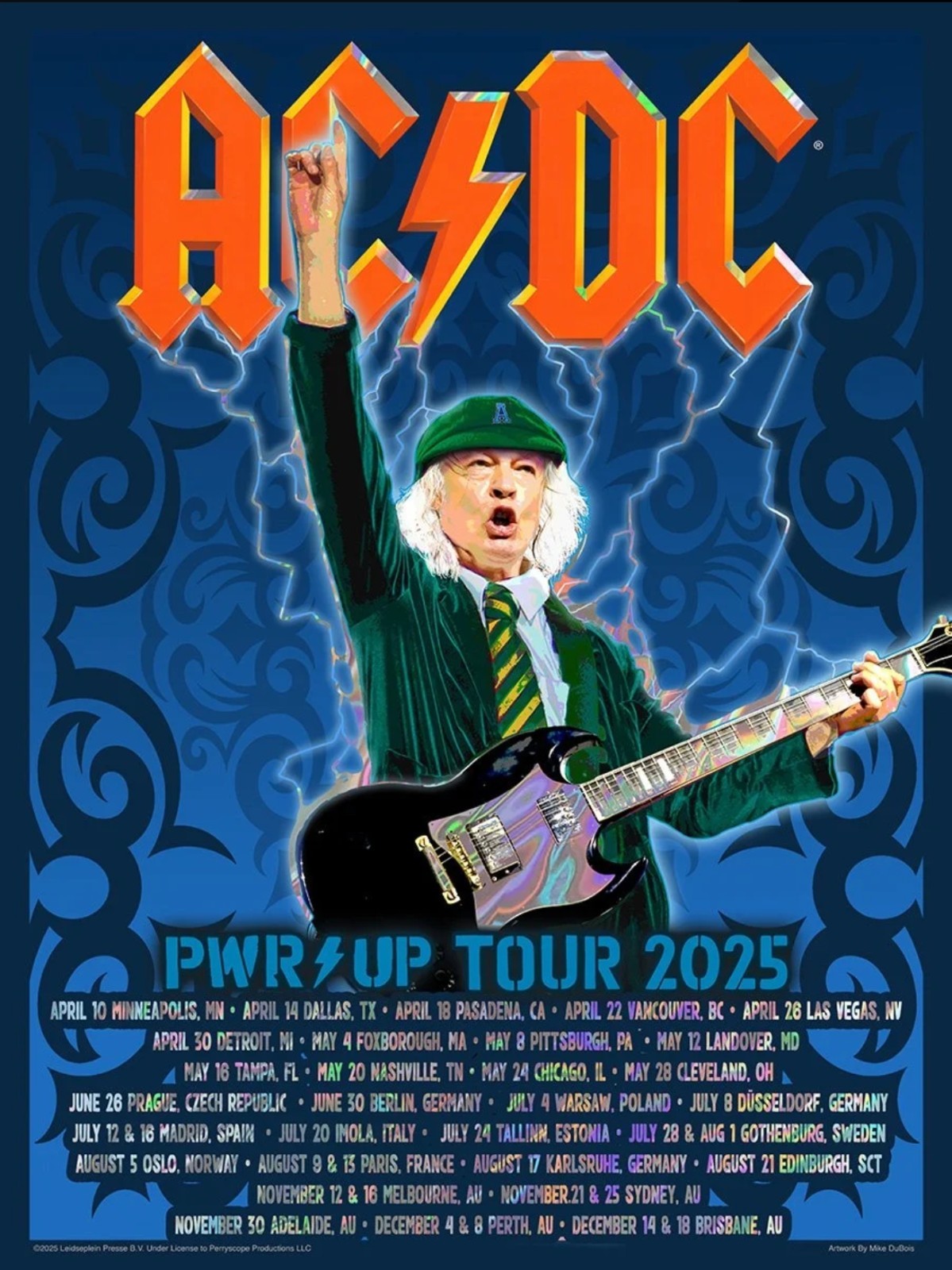 AC/DC 2025 PWR UP WORLD TOUR DATES Poster LIMITED EDITION Foil SIGNED AE ANGUS