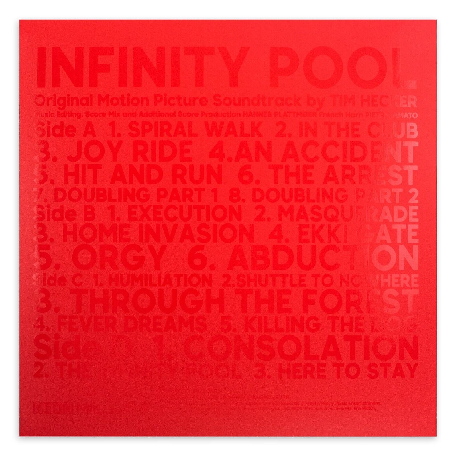 INFINITY POOL (SOUNDTRACK) - CLEAR RED VINYL 2xLP 140G LTD ED - NEW - A11 MONDO